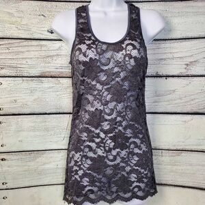 BKE Black Lace Overlay Tank Top M Floral Sheer Sleeveless Made in Canada